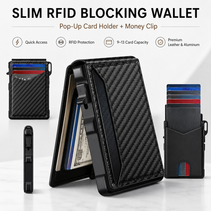 🔥HOT SALE🔥Men’s Slim RFID Blocking Wallet – Pop-Up Card Holder & Money Clip