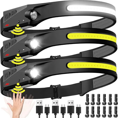 Rechargeable Headlamp - 230° Wide Beam LED with Motion Sensor, Adjustable Helmet