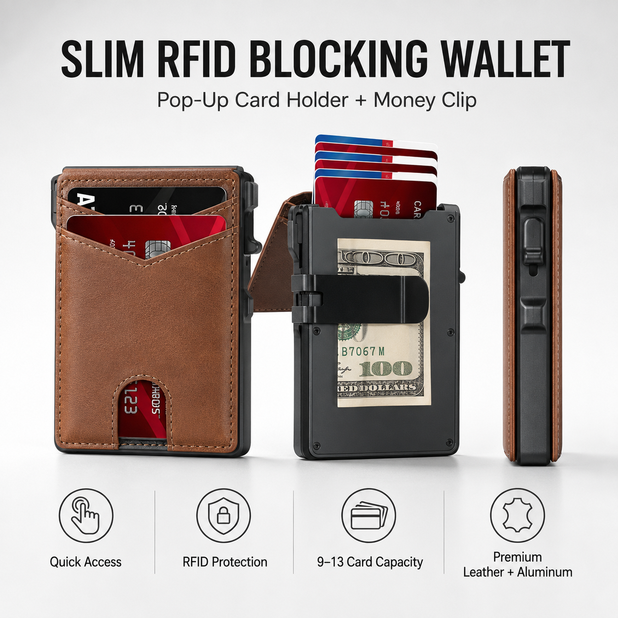 🔥HOT SALE🔥Men’s Slim RFID Blocking Wallet – Pop-Up Card Holder & Money Clip