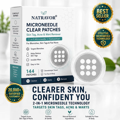 ✨NATRAVOR®2-in-1 Microneedle & Hydrocolloid Patch🍀| Removes Raised Moles, Acne, Flat Warts & Skin Tags | Helps Improve Wrinkles, Scars & Blemishes | Invisible Patches for Face & Body