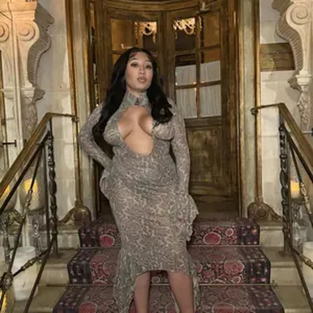 Woman wearing a plunging neckline dress with a lifted silhouette