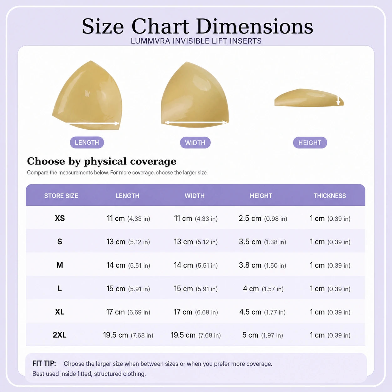 LUMMVRA Invisible Lift purple size chart with centimeters and inches