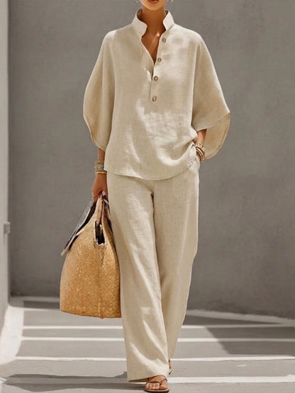 Women’s Batwing Sleeve Linen Cotton Two-Piece Set – Casual Shirt & Wide Leg Pants Outfit