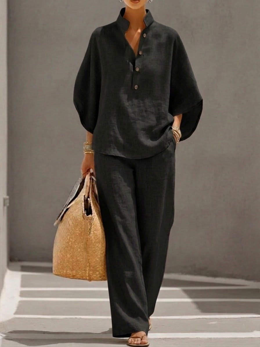 Women’s Batwing Sleeve Linen Cotton Two-Piece Set – Casual Shirt & Wide Leg Pants Outfit